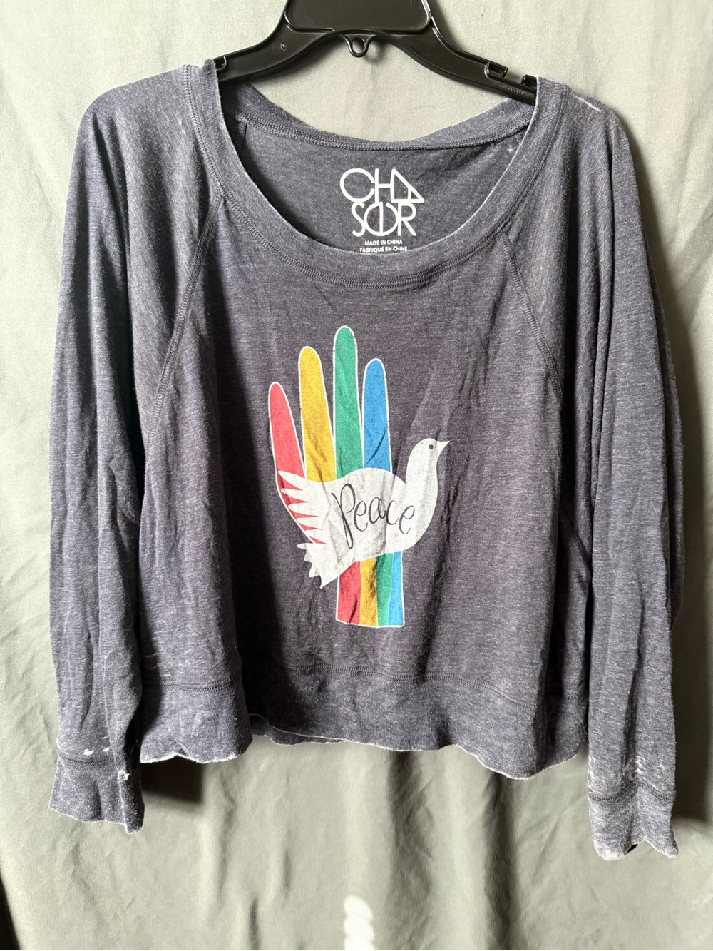 Chaser Gray Long Sleeve Crop Top with Rainbow Peace Dove Graphic